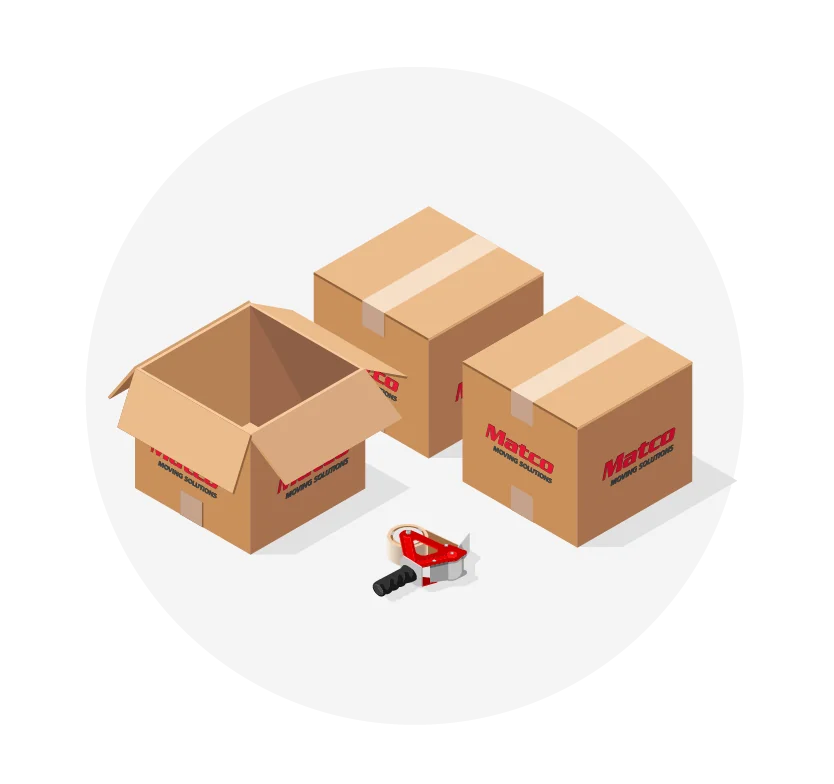 Matco Moving Solutions branded packing boxes with tape dispenser