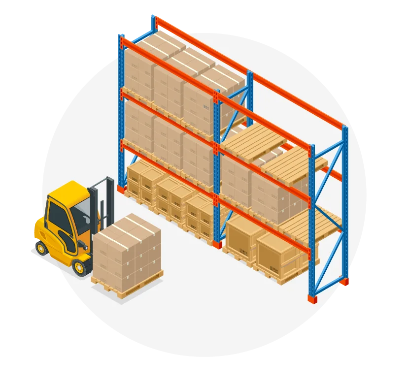 Warehouse storage with forklift moving packed boxes